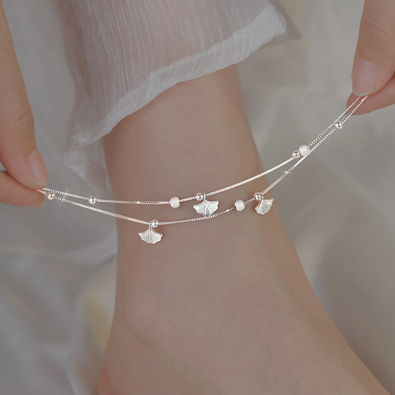 Sterling silver ginkgo leaf anklet with double-layer chain and elegant Korean-inspired design