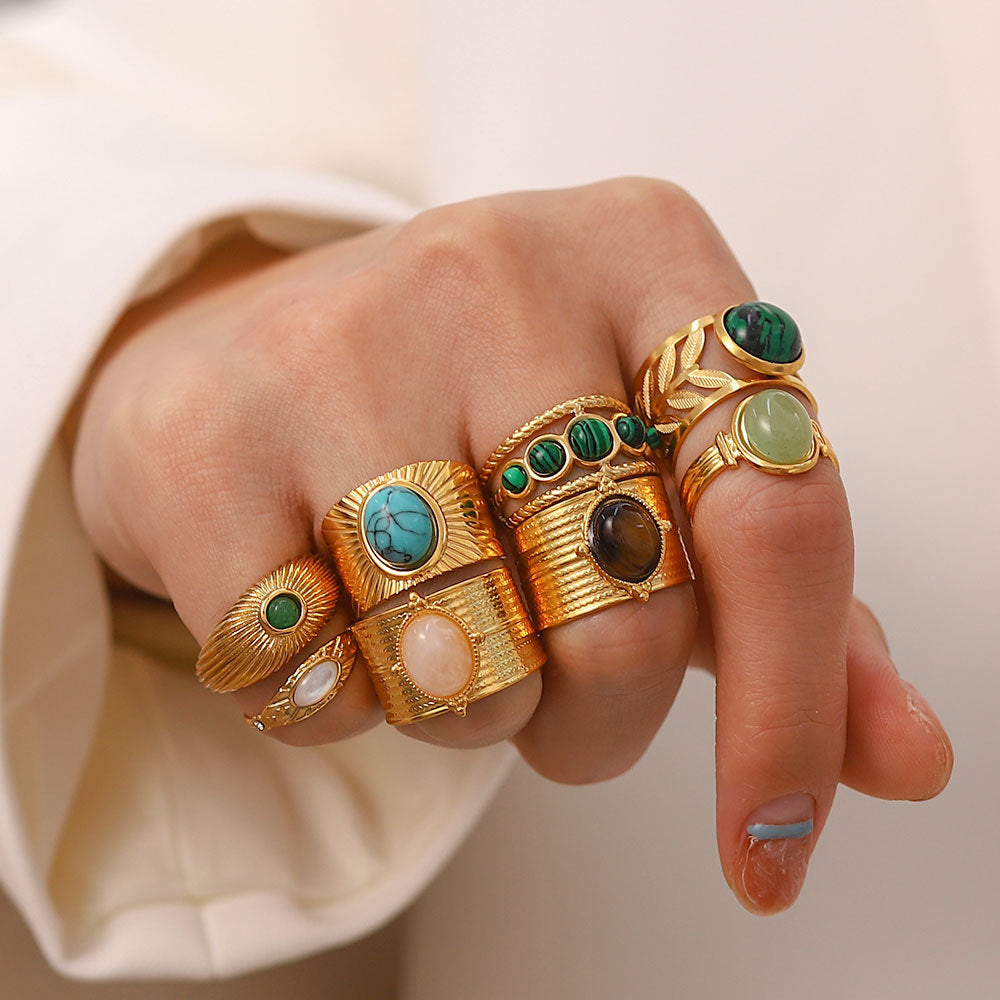 Gold plated gemstone ring with minimalist adjustable band and geometric star detail
