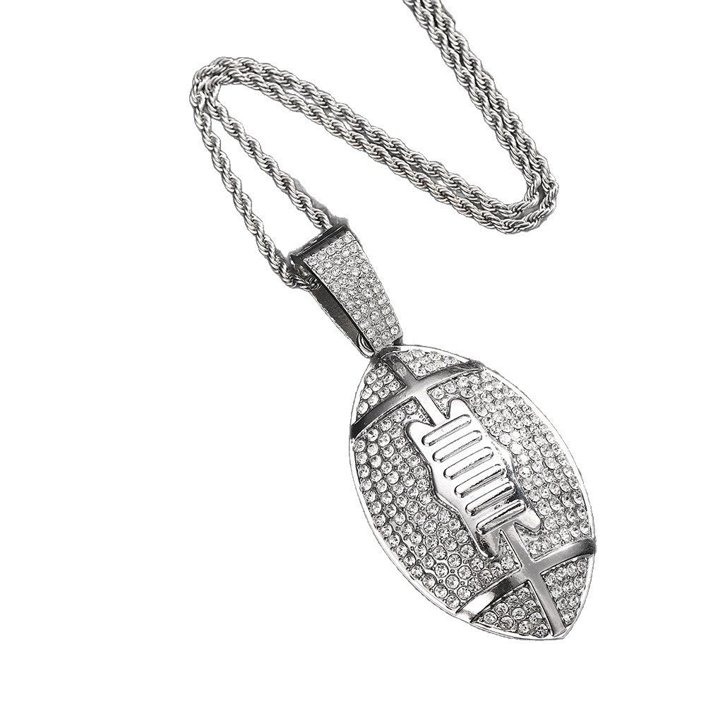 Gold plated football pendant necklace with iced out rhinestone design and hip hop chain style