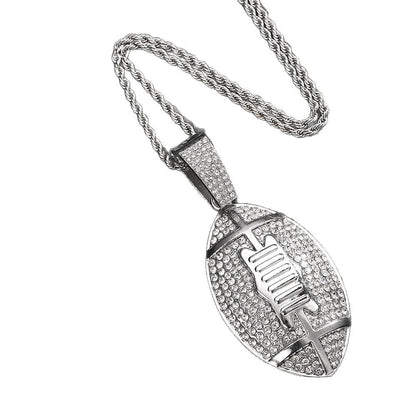 Gold plated football pendant necklace with iced out rhinestone design and hip hop chain style