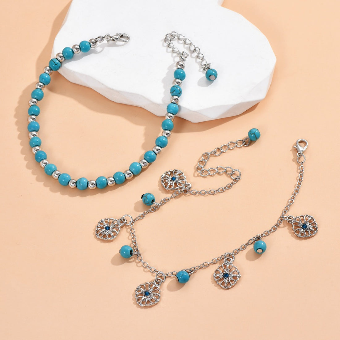 Retro tassel anklet with double-layer chains and ethnic metal pendant details