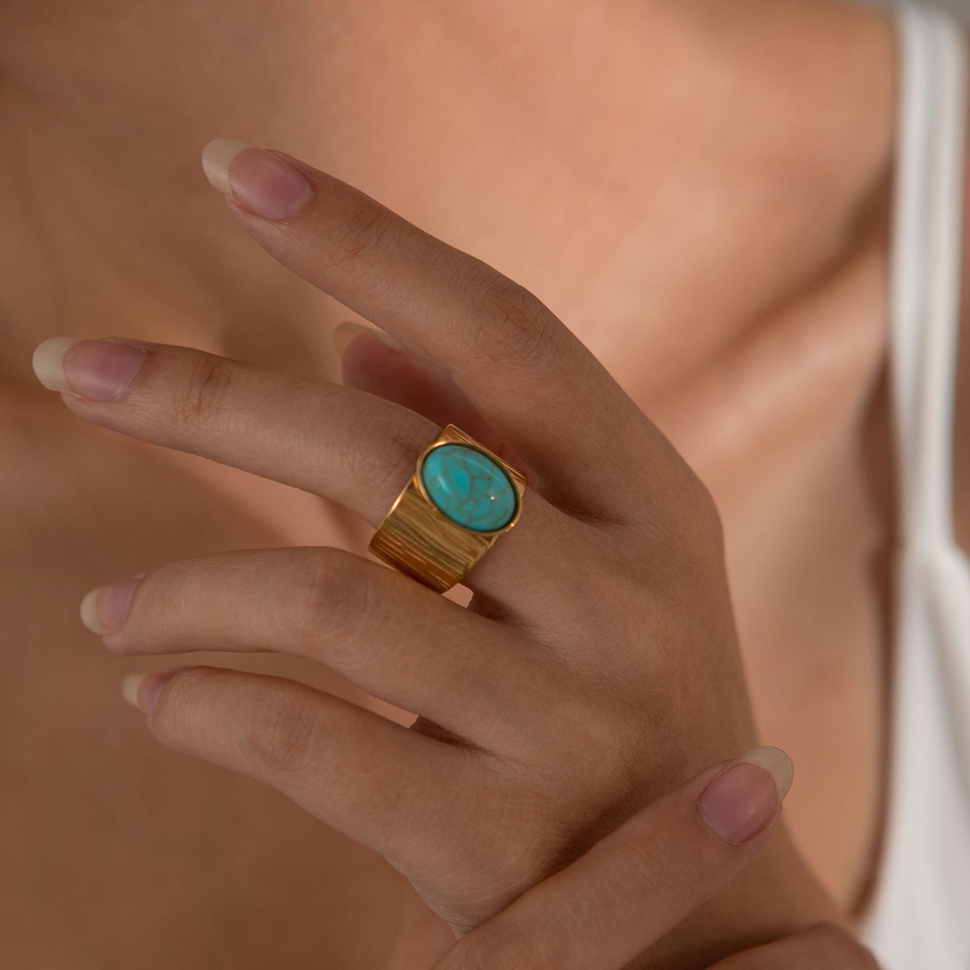 Gold plated malachite turquoise ring with natural stone statement design for women