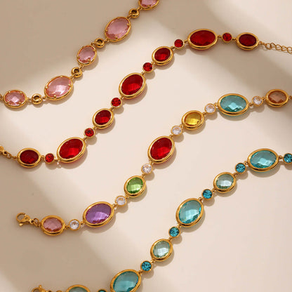 18K gold plated Czech crystal anklet featuring vibrant gemstones in various colors, perfect for summer jewelry.