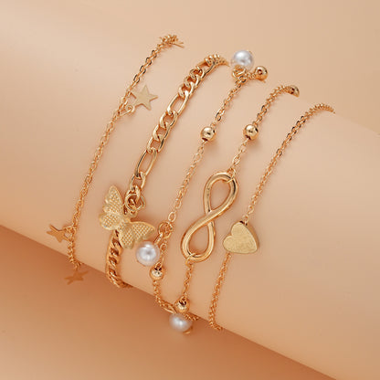 Multi layer charm anklet set with star butterfly heart and pearl beach jewelry charms