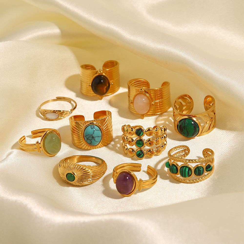 Gold plated gemstone ring with minimalist adjustable band and geometric star detail