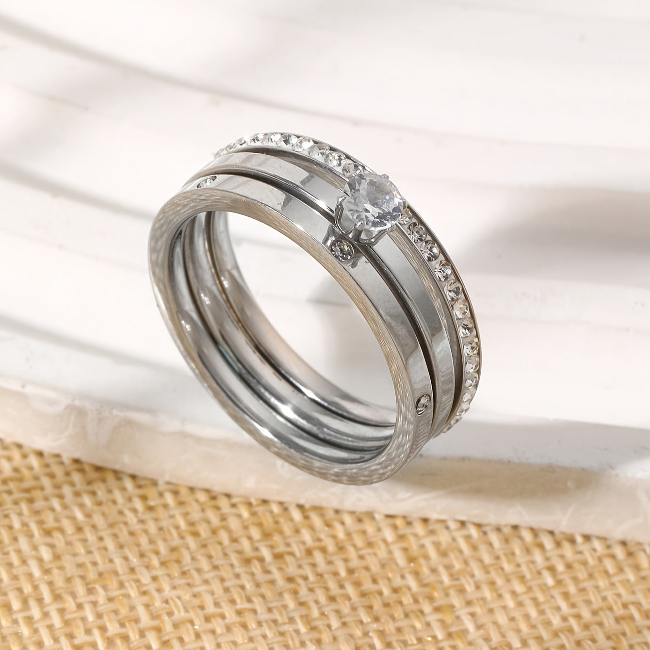 18K gold plated zircon ring set with stackable 3-piece stainless steel rings for women