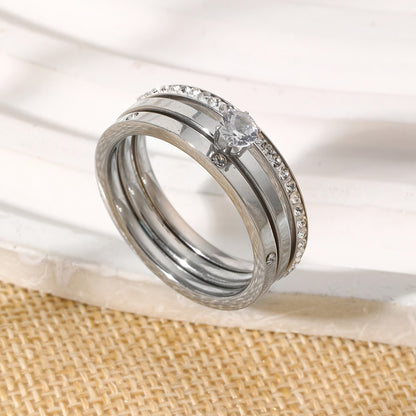 18K gold plated zircon ring set with stackable 3-piece stainless steel rings for women