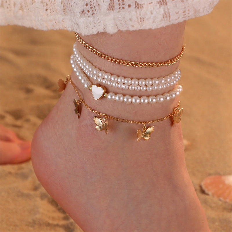 Boho rice bead heart anklet with layered beach style and colorful heart accents
