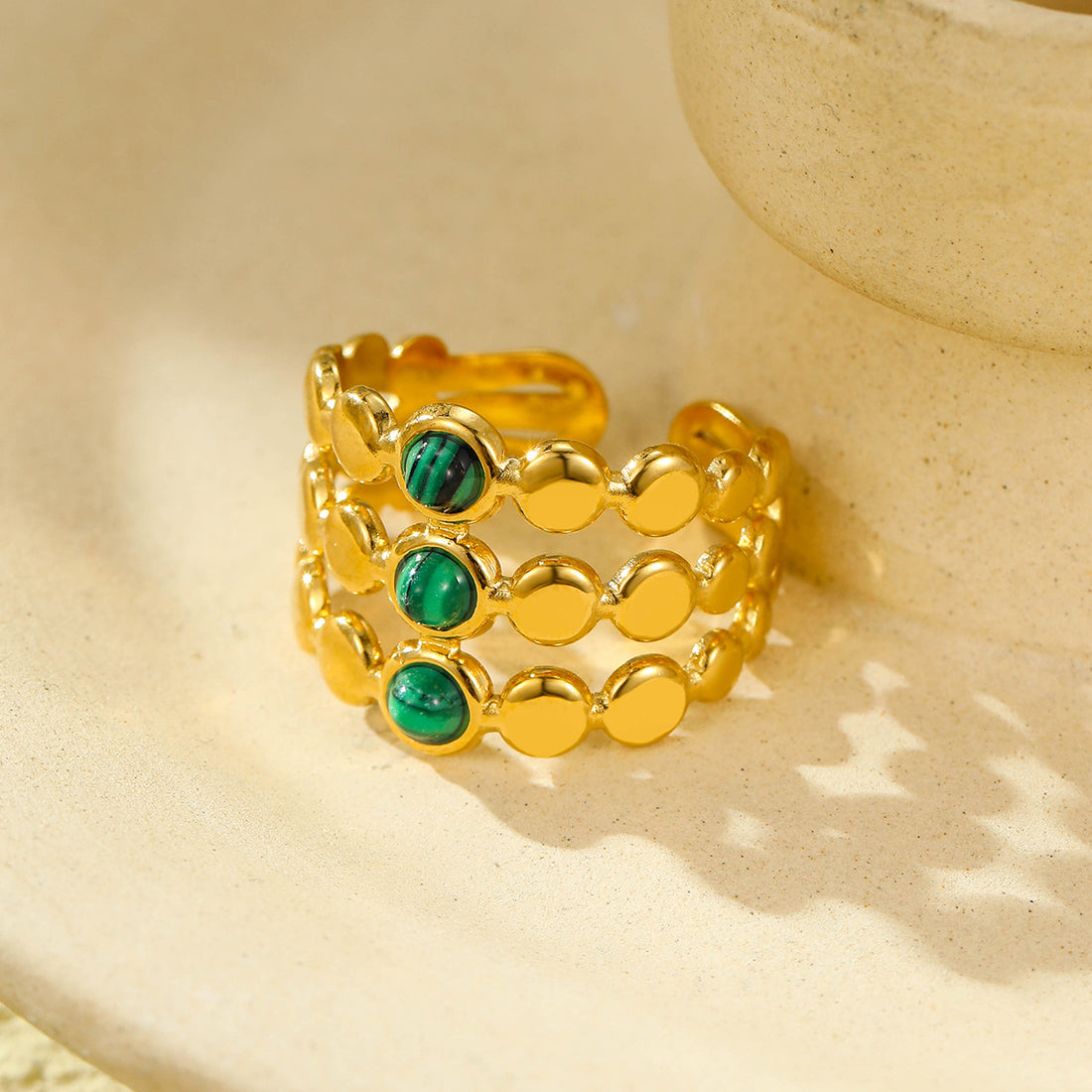 18K gold plated gemstone ring with natural stone and adjustable statement band for women