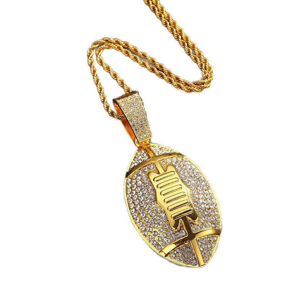 Gold plated football pendant necklace with iced out rhinestone design and hip hop chain style