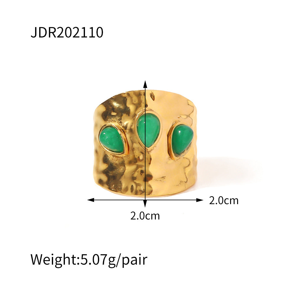 Gold plated gemstone ring with minimalist adjustable band and geometric star detail