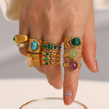 Gold plated gemstone ring with minimalist adjustable band and geometric star detail