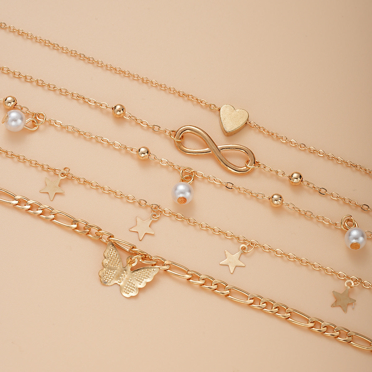 Multi layer charm anklet set with star butterfly heart and pearl beach jewelry charms