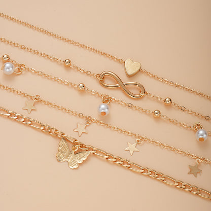 Multi layer charm anklet set with star butterfly heart and pearl beach jewelry charms