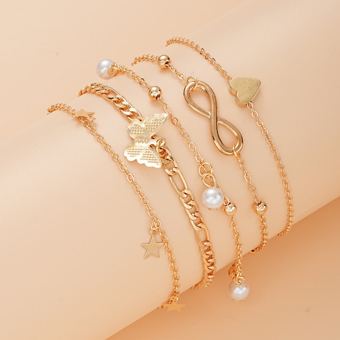 Multi layer charm anklet set with star butterfly heart and pearl beach jewelry charms