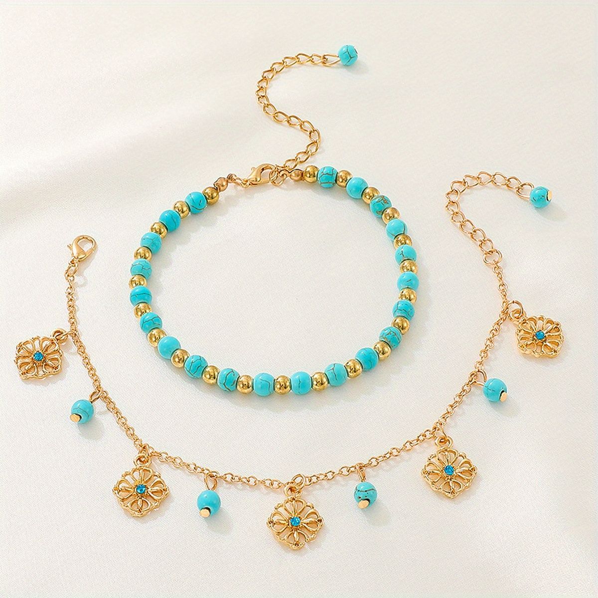Retro tassel anklet with double-layer chains and ethnic metal pendant details