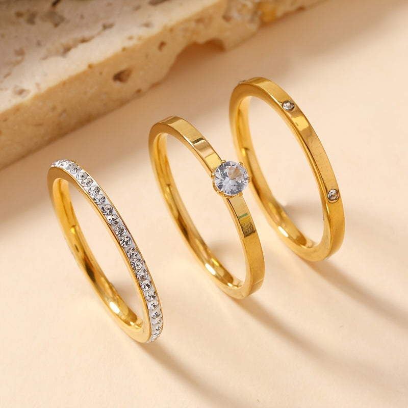 18K gold plated zircon ring set with stackable 3-piece stainless steel rings for women