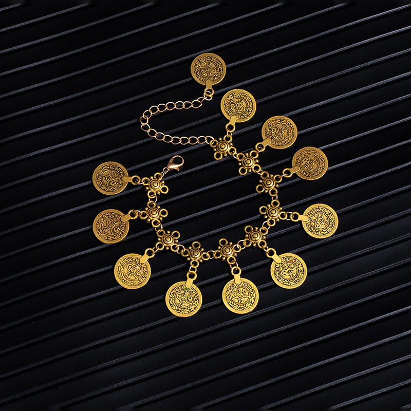 Bohemian coin tassel anklet with retro coin charms and flowing tassels for beach and festival styling