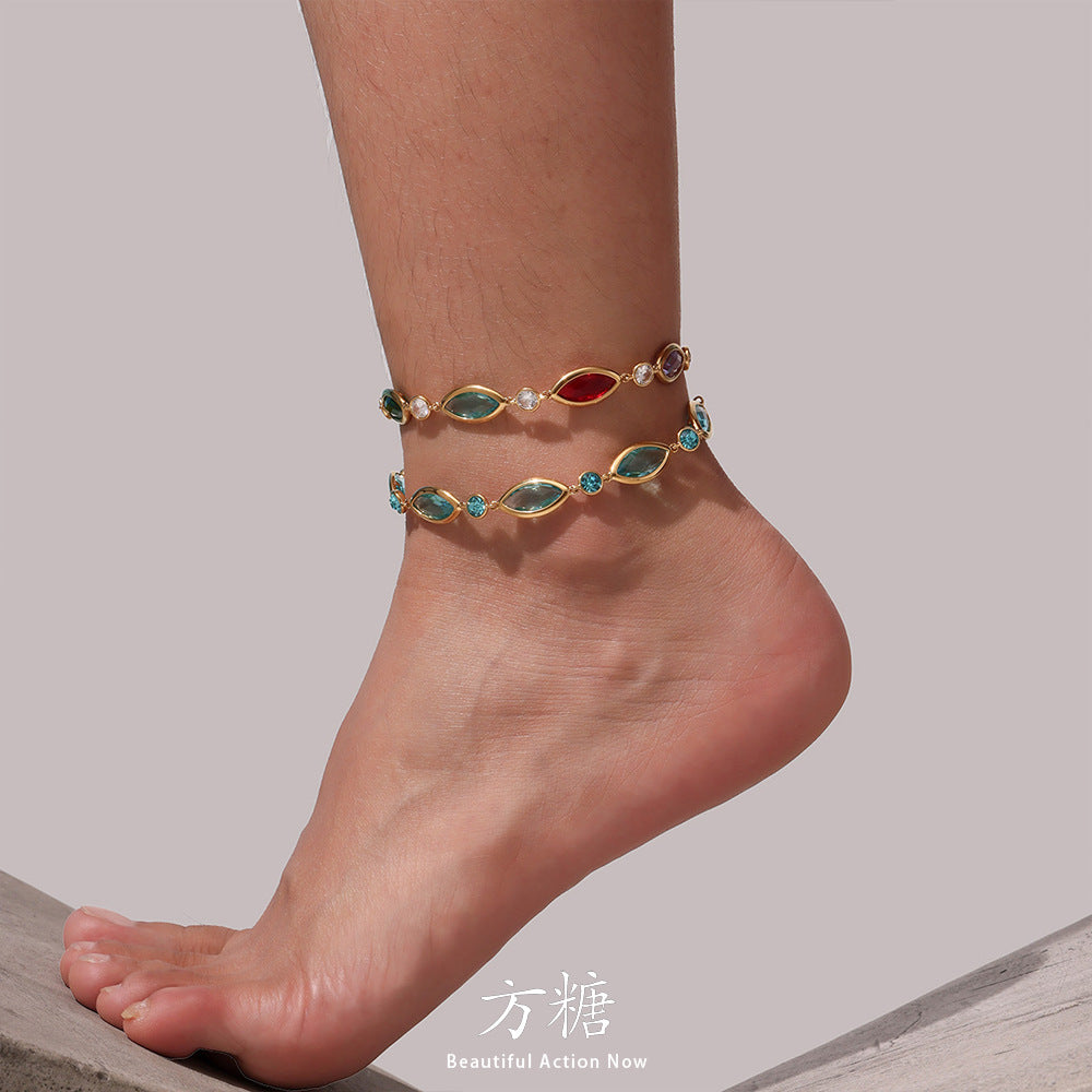 Gold plated Czech glass anklet with faceted sparkling beads for summer beach styling