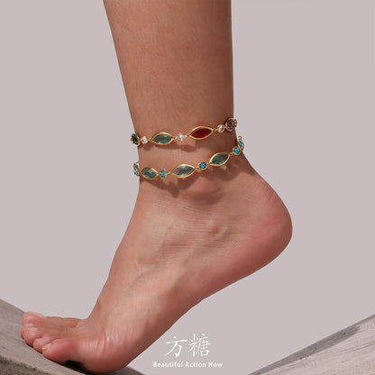 Gold plated Czech glass anklet with faceted sparkling beads for summer beach styling