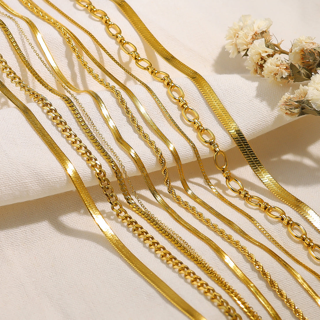 18K gold plated layered necklace with flat snake chain and twist double-layer design