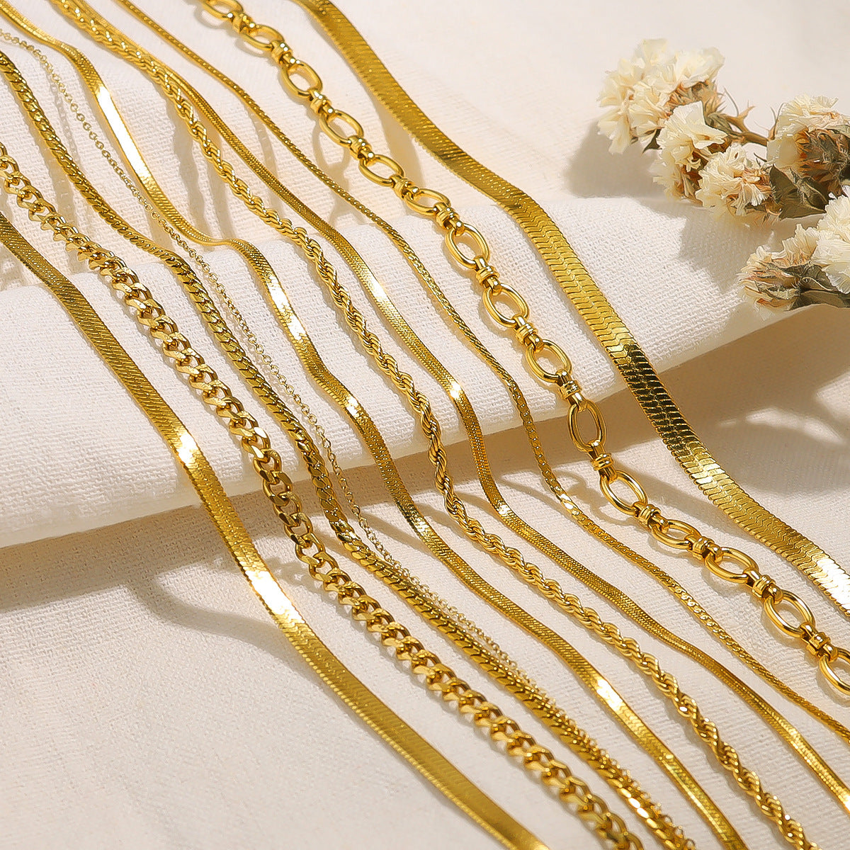 18K gold plated layered necklace with flat snake chain and twist double-layer design