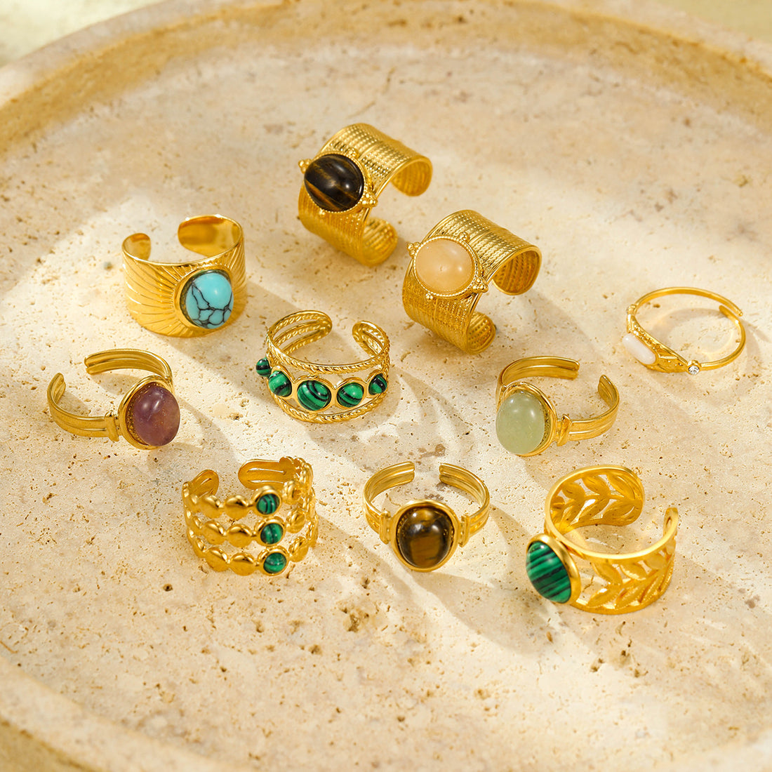 18K gold plated gemstone ring with natural stone and adjustable statement band for women