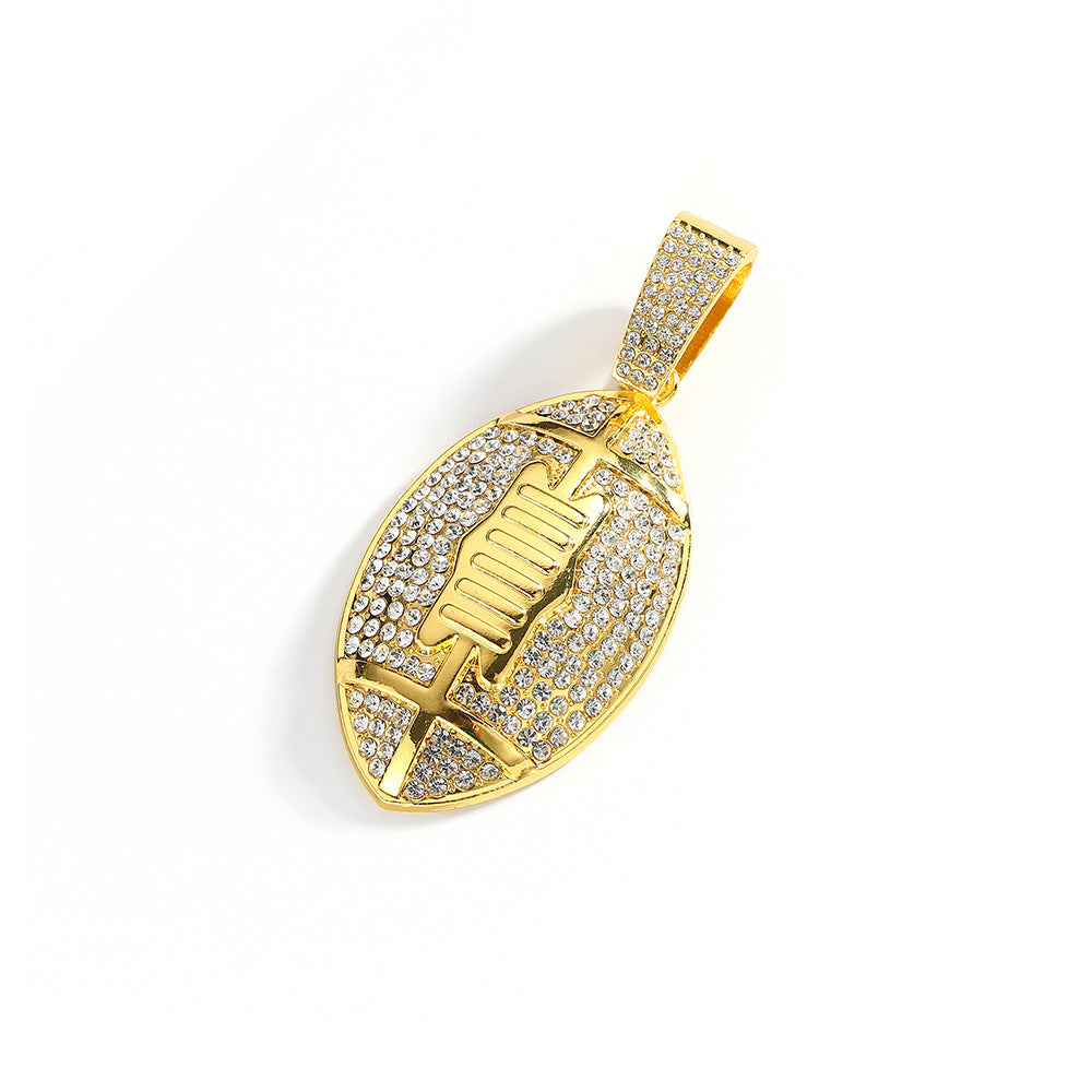 Gold plated football pendant necklace with iced out rhinestone design and hip hop chain style