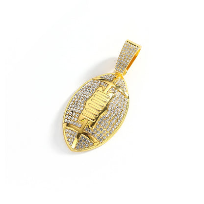 Gold plated football pendant necklace with iced out rhinestone design and hip hop chain style