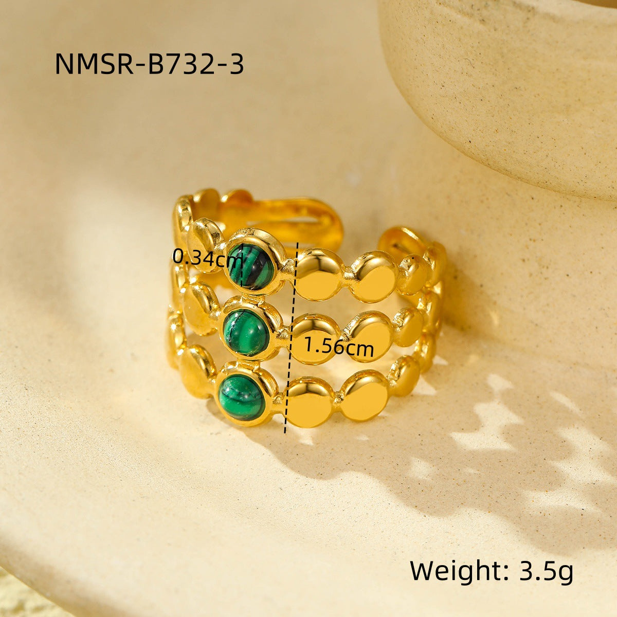 18K gold plated gemstone ring with natural stone and adjustable statement band for women