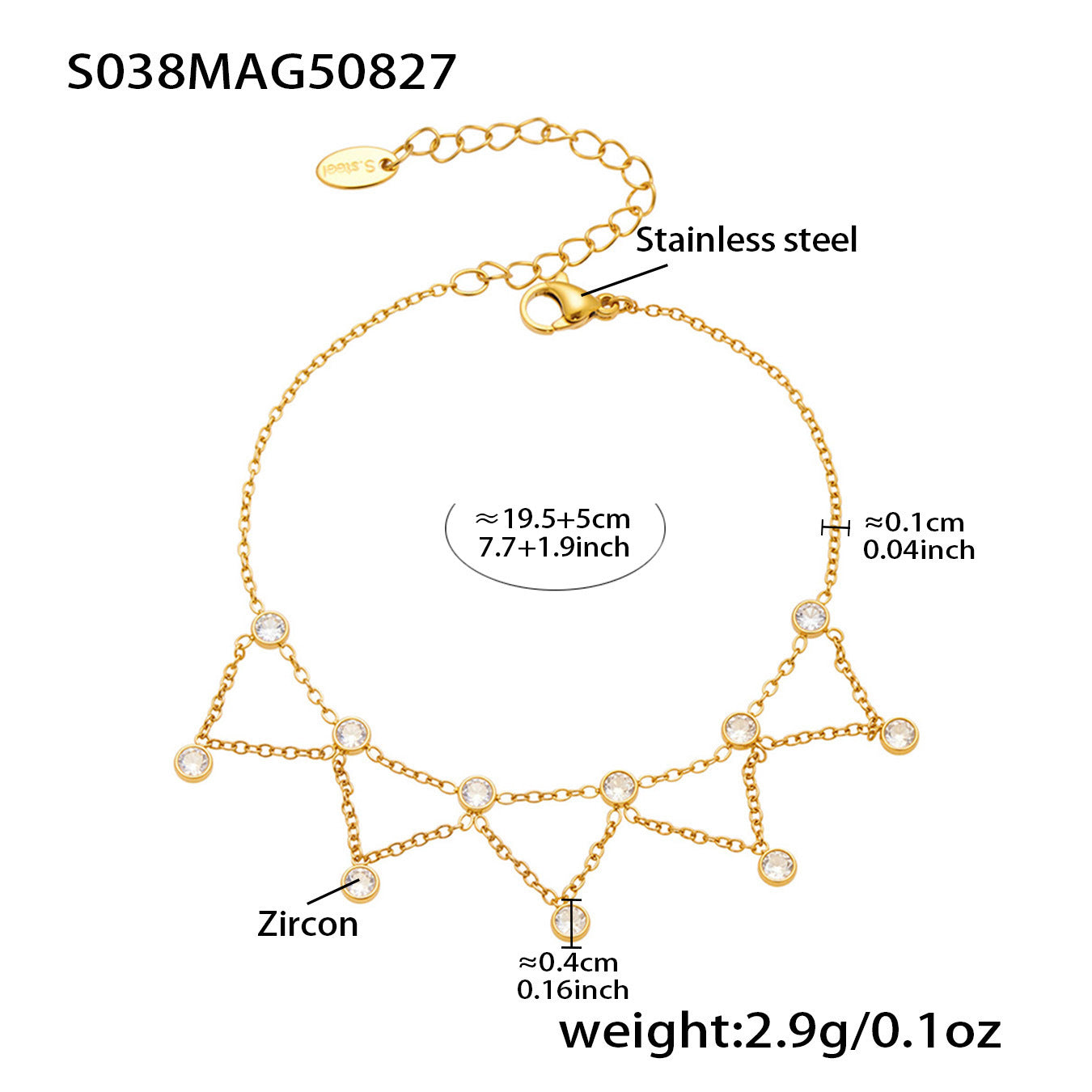 Gold plated zircon bracelet set with starburst chain links and sparkling stone accents