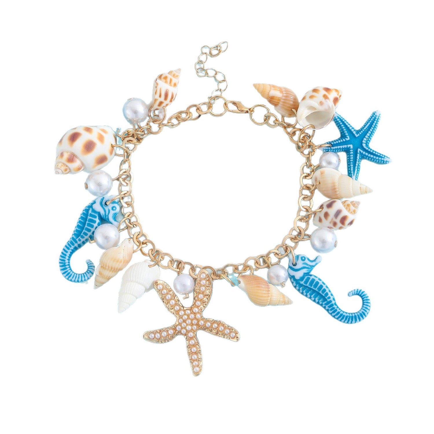 Gold plated beach anklet with starfish and shell charms in bohemian Hawaiian style