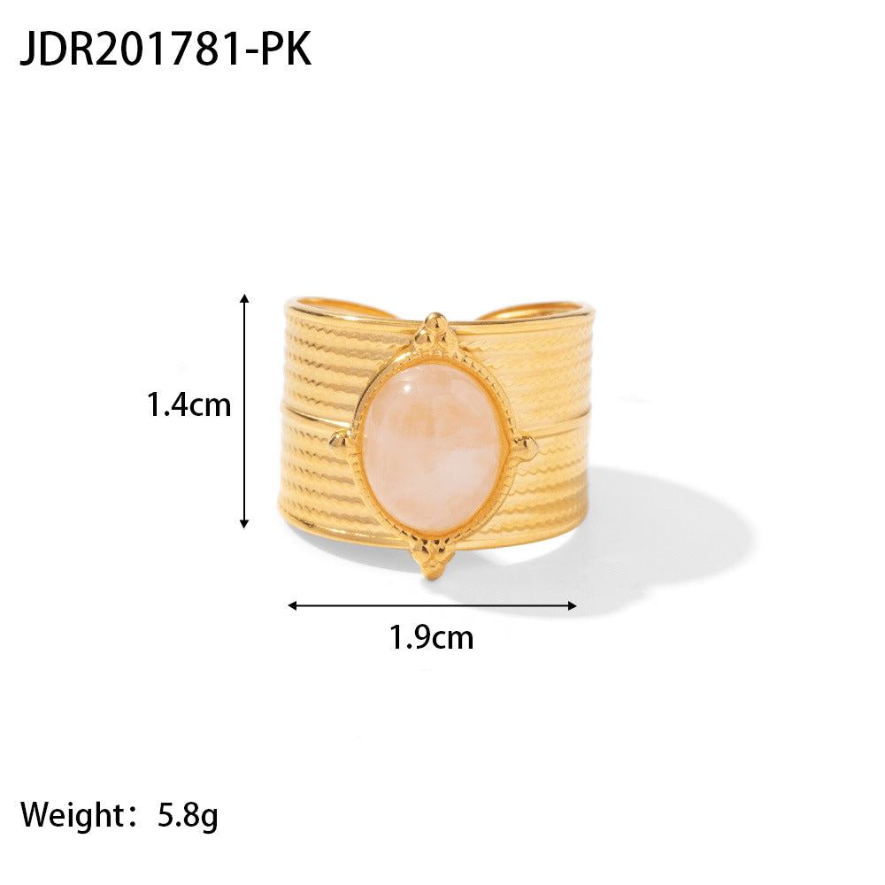 Gold plated gemstone ring with minimalist adjustable band and geometric star detail